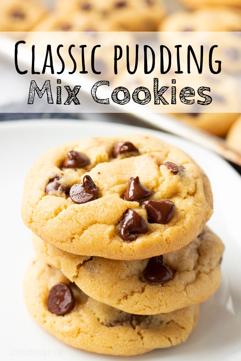 Stack of 3 baked chocolate chip pudding mix cookies with text overlay. ;