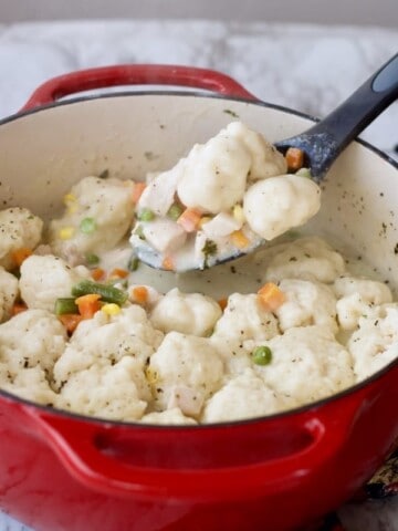 Creamy Chicken and Dumplings being spooned out of a red pot.