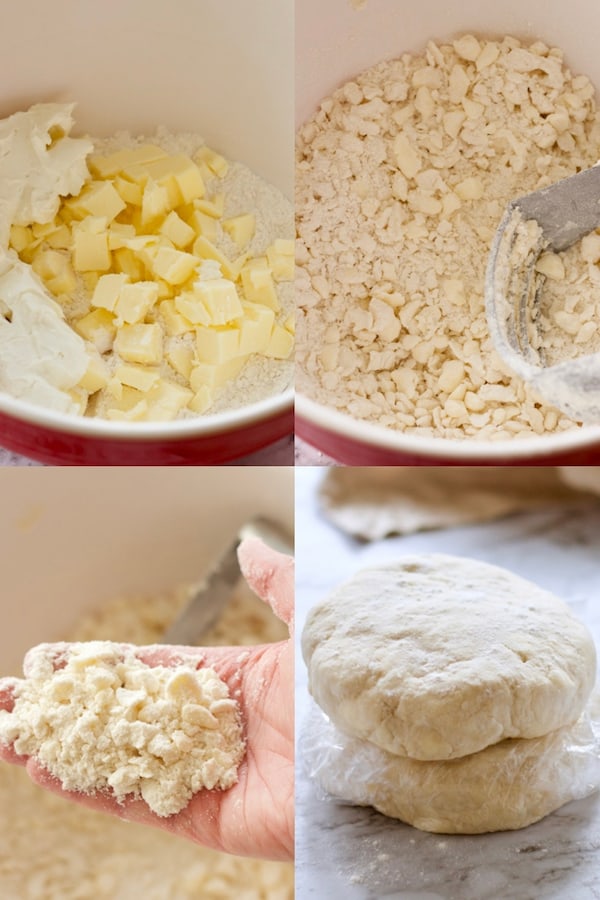 Process of pie crust being made: butter and cream cheese in bowl of flour, pastry blender combining wet/dry ingredients, hand holding up pea sized crumbs, discs of dough resting on cling film. 