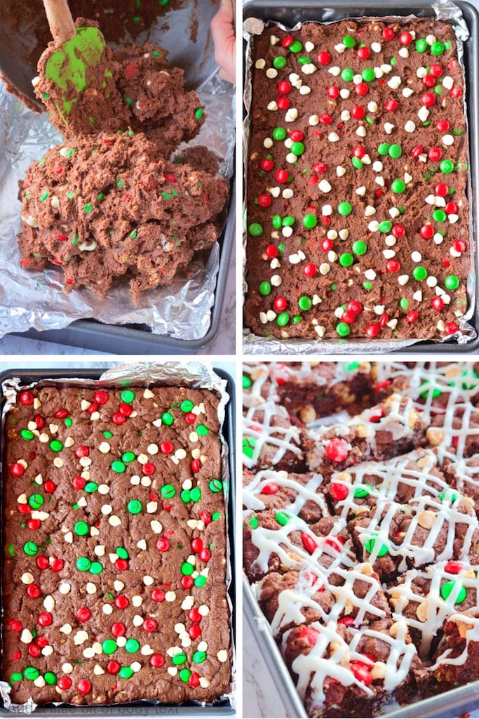 Process Shots of double chocolate cookie bars. Raw dough being spread into 9x13 inch pan, raw dough with m&m's sprinkled on top, baked bars, iced and sliced bars. 