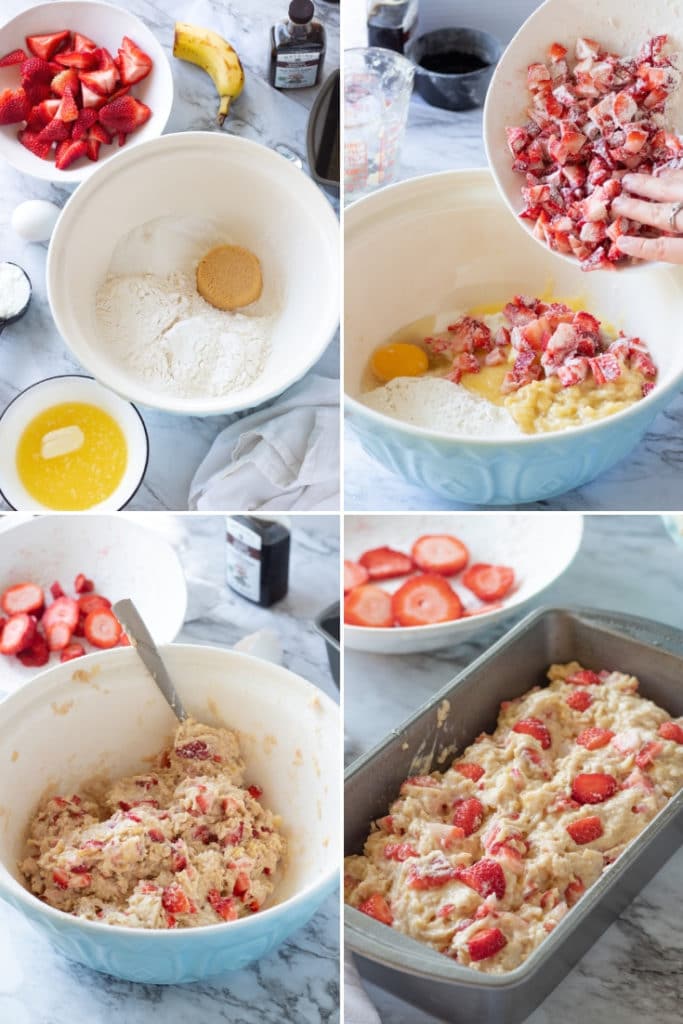 Process of making Strawberry Banana Bread: ingredients laid out on marble surface, Pouring strawberries into wet and dry ingredients, mixed raw dough, raw strawberry banana bread dough in 9x5 pan.