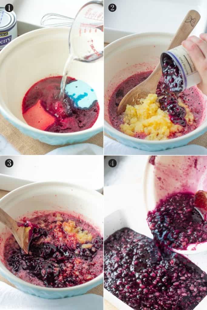 Collage: berry blue and raspberry jello mixing with boiling water, blueberry pie filling crushed pineapple being stirred in, pouring jello mixture into 9x13 pan. 