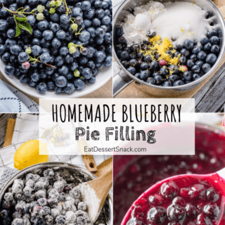 4 pictures of blueberries, ingredients for blueberry pie filling, and cooked pie filling.