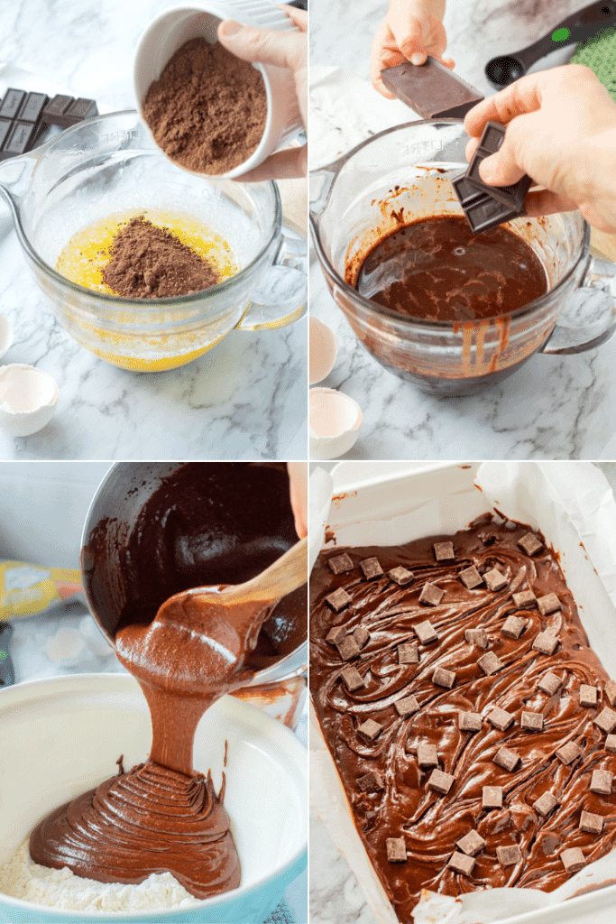 Process of making fudgy brownies: blooming cocoa powder in melted butter, melting chocolate, pouring batter into bowl, raw brownie batter in baking dish. 