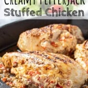 Stuffed pepperjack chicken in a frying pan.