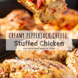 Fork with baked creamy pepperjack stuffed chicken