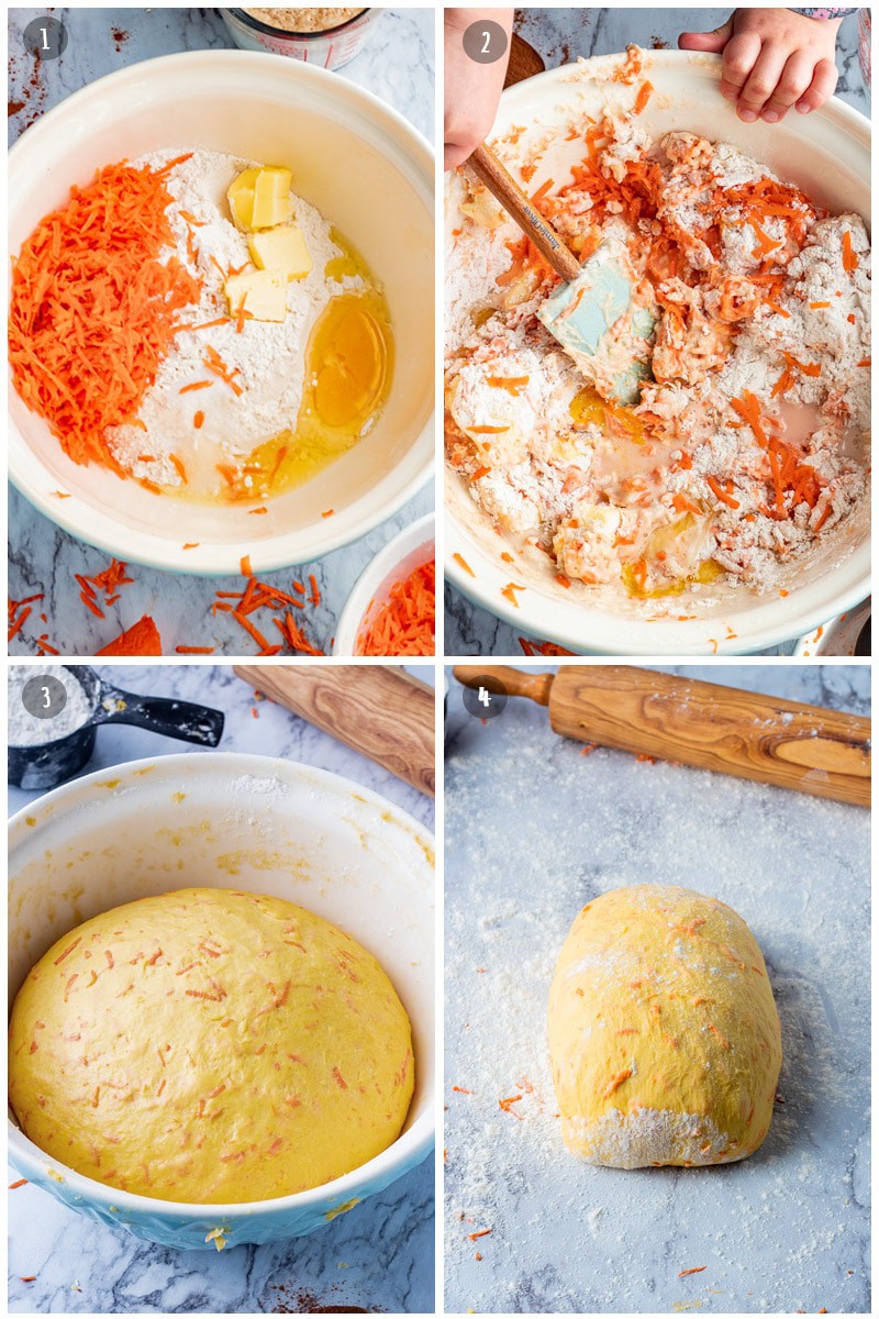 process of making carrot cake cinnamon rolls dough: carrots, butter eggs flour in a blue bowl, mixing raw dough, dough resting on a marble surface with rolling pin. 