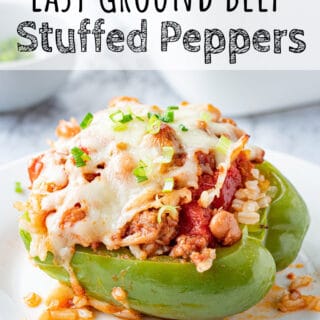 Baked ground beef stuffed pepper with rice and melted cheese.