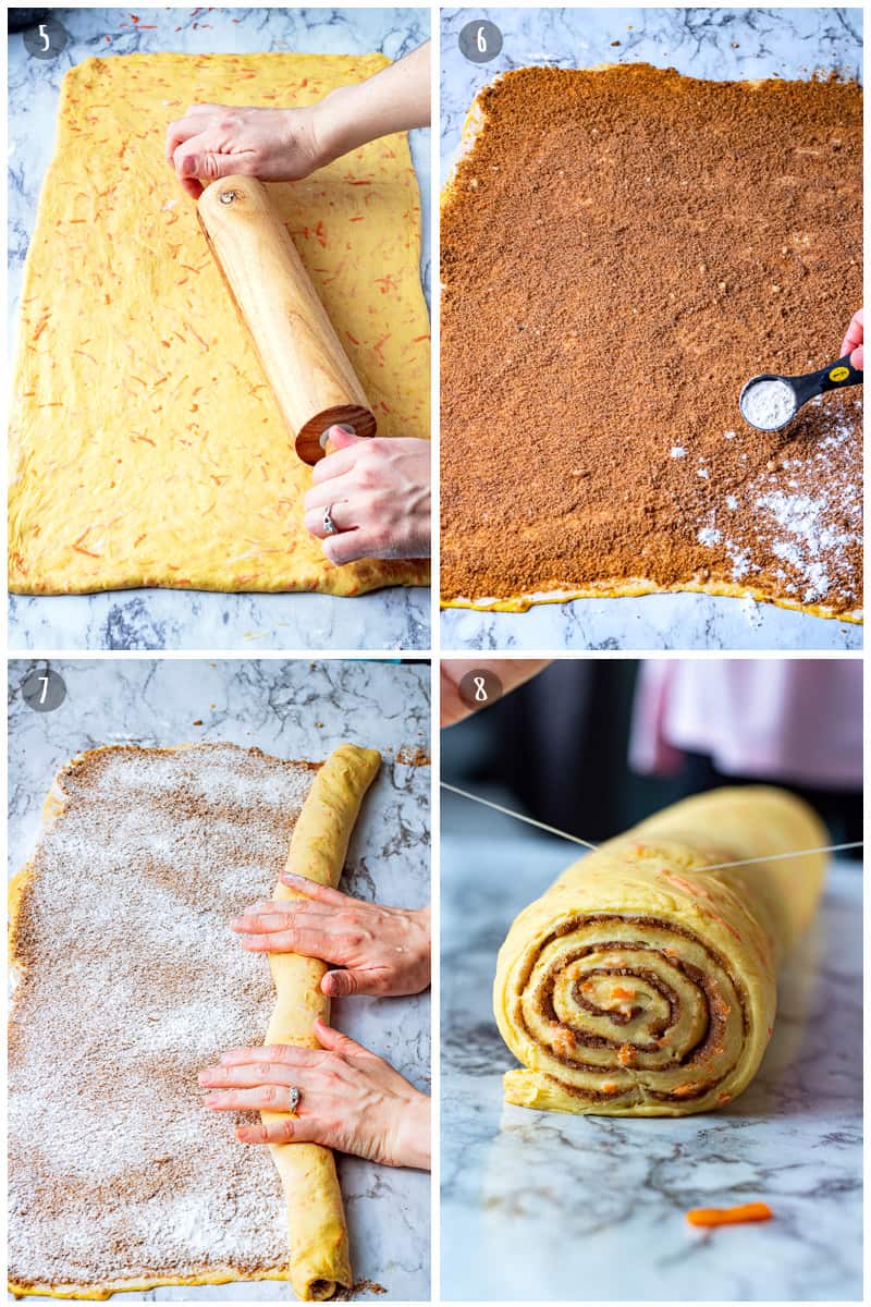 Process of making carrot cake cinnamon rolls: rolling dough on marble with rolling pin, brown sugar and flour on dough, rolling dough into roll, slicing rolls with string. 