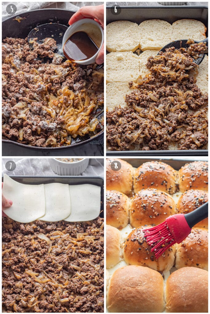 Ground beef and caramelized onion in cast iron pan, adding worcestershire sauce to pan, spreading ground beef and onions on dinner rolls, placing white cheese on ground beef, brushing tops of rolls with glaze. 