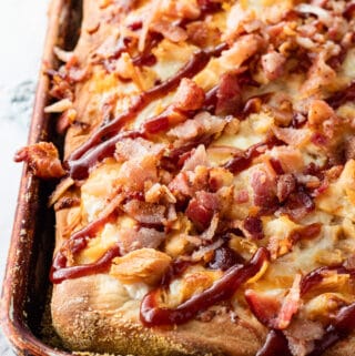 Baked Chicken Bacon Ranch sheet pan pizza in pan.