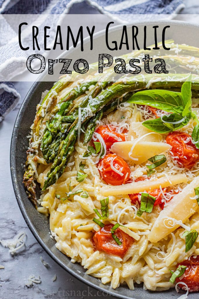 Overhead view of cooked orzo pasta with tomatoes, asparagus, parmesan and basil leaves. Text on photo: creamy garlic orzo pasta