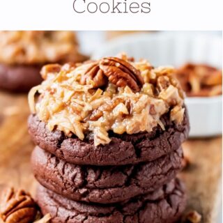 stack of baked german chocolate cookies on wood cutting board with coconut pecan frosting on top.