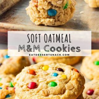 Raw oatmeal m&m cookie dough ball with stack of 3 baked cookies.