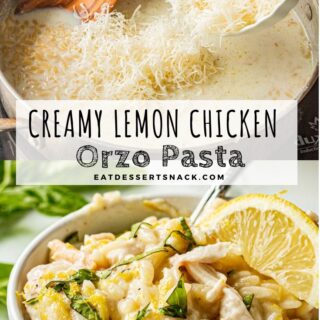 hand pouring cheese into pan of cooked pasta, with white bowl of cooked lemon chicken orzo pasta.