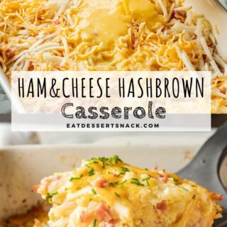 Pouring eggs into hashbrown and cheese mixture in white casserole dish, and baked ham and cheese hashbrown casserole on black spatula.
