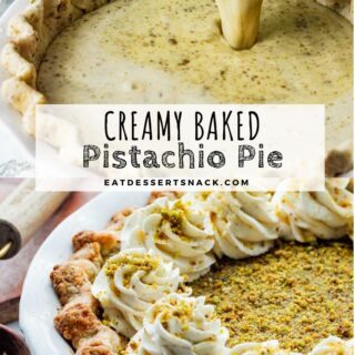 Pouring pistachio custard into raw pie shell and baked pistachio pie in white dish with whipped cream.