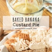 Banana puree above a measuring cup, and a baked banana pie in a pie dish.