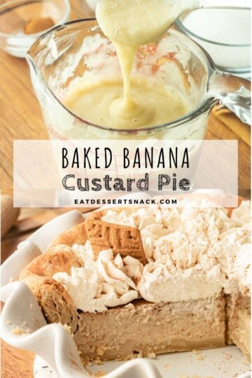 Banana puree above a measuring cup, and a baked banana pie in a pie dish.