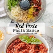Ingredients for red pesto in bowl of food processor, and white bowl of red pesto.