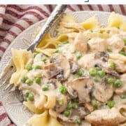Chicken mushroom stroganoff on pasta on white plate with metal fork.