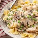 Cooked mushroom chicken stroganoff on white plate with metal fork.