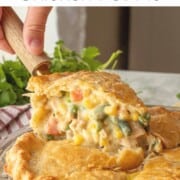 Slice of chicken pot pie on spatula above pie pan.