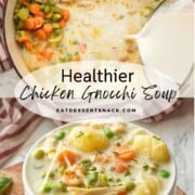 Pouring milk into pot of chicken soup, and white bowl of cooked chicken gnocchi soup.