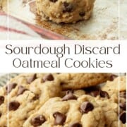 Raw sourdough oatmeal cookie dough on metal pan and baked cookie on ceramic plate.