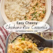 Rice and veggies in a white mixing bowl, and baked chicken and rice casserole in baking dish.