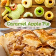 Sliced apples on cutting board and slice of caramel apple pie in white dish.