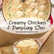 Scooping raw dumplings into chicken soup and a scoop of cooked chicken and dumplings in red pot.