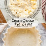 Butter and cream cheese in glass bowl with flour and pie crust in glass pan