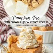 Brown sugar and cream cheese in white bowl, and slice of baked pumpkin pie on white plate.
