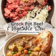 Raw beef chunks with onion in frying pan, with white bowl of cooked vegetable beef stew.