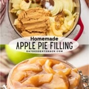Red pan with raw apple pie filling ingredients and cooked pie filling in glass jar.