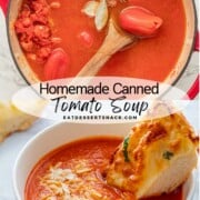 Red pot of tomato sauce and spices with bowl of cooked tomato soup with toast