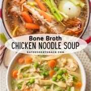 Raw vegetables and chicken bones in red pot, and cooked chicken noodle soup in white bowl.