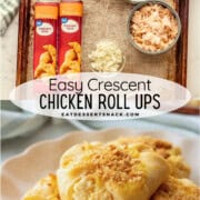 Labeled ingredients for chicken roll ups on metal pan and baked roll ups on white plate.