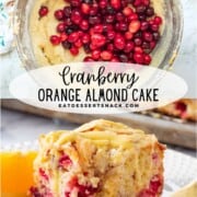 Cranberries in raw cake batter and baked cranberry orange coffee cake with bite removed on white plate.