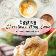 Ingredients for eggnog mug cake in white bowl and spoonful of cooked cake.