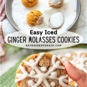 Raw molasses cookie dough in sugar, and hand holding iced molasses cookie.
