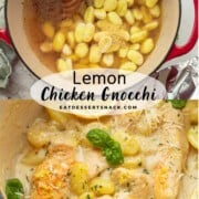 Pot of gnocchi and seasoning and cooked chicken and gnocchi in a pot.