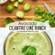 Tomatillos, limes, and cilantro on cutting board with jar of avocado lime dressing in a jar.