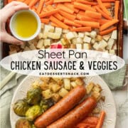 Raw veggies on metal baking pan and cooked chicken sausage with veggies on white plate.