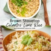 Cooked rice with cilantro and lime zest in metal pot with wooden spoon.