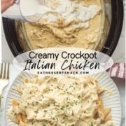 Pouring milk into slow cooker and cooked crockpot italian chicken on white plate.