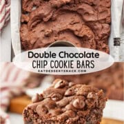 Raw double chocolate chip cookie dough in pan and baked bars in stack.