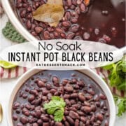 Cooked black beans with bay leaves and wooden spoon in metal pot and in white bowl.