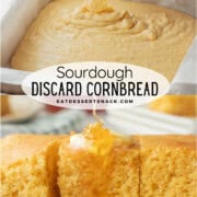 Pouring raw cornbread batter into pan and baked cornbread with drizzling honey.